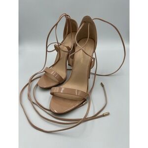 Charles Albert Nude Patent Lace Up Block Heel Sandals Womens Size 7 Beige Wrap